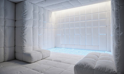 Virtual Reality Chamber - A futuristic, padded room with white, soft-touch walls and floor, with a subtle grid of faint