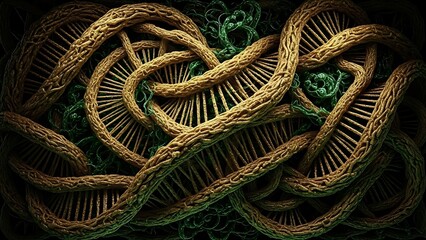 Intricate DNA strands intertwined showcasing genetics research and biotechnology innovations for science publications and healthcare branding projects