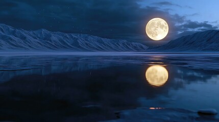 A full moon illuminates a serene mountain landscape at night, with its reflection visible in the calm lake below.