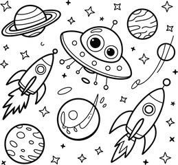 Black and white doodle of rockets, planets and UF Os Keywords: rocket, spaceship, UFO, alien