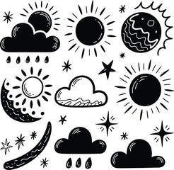 Black and white doodle set of weather and celestial icons Keywords: sun, cloud, rain, star, moon