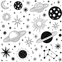 Celestial doodle pattern with planets and stars Saturn