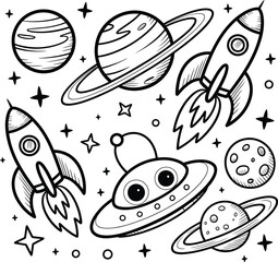 Cosmic Exploration Icons Black and White space rocket