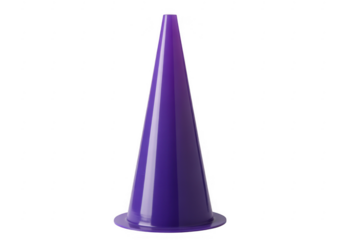 A single glossy purple traffic cone with a wide base and narrow top isolated on a transparent background