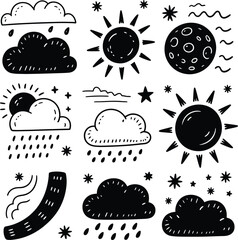 Doodle Weather Symbols With Sun Moon Clouds And Rain