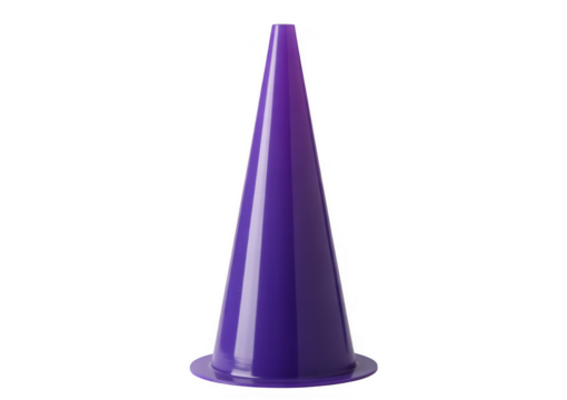 A single glossy purple traffic cone with a wide base and narrow top isolated on a transparent background