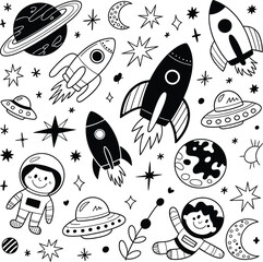 Space doodle elements with astronauts and rockets planet