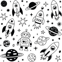 Robot and Rockets Space Doodle Pattern Keywords: space, robot, rocket, planet, stars, galaxy