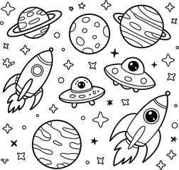 Space Doodle Pattern with Rockets and UF Os Keywords: space, rocket, UFO, planet, stars