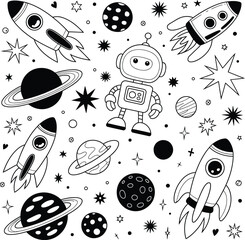 Space doodle with robot, rockets, and planets vector