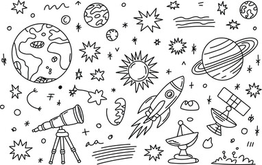 Space exploration doodle with telescope and satellites