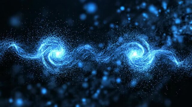 Seamless looping abstract background of vibrant blue energy particles flowing and swirling dynamically across a dark field microscopic, smooth, technology