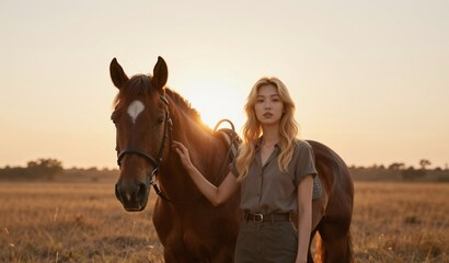 Beautiful young woman with a chestnut horse at sunset in a golden field