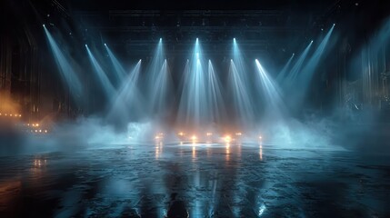 Dramatic stage lighting with spotlights and fog creating a moody atmosphere at a concert or show