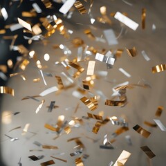 Close up gold and silver confetti floating in air in studio environment