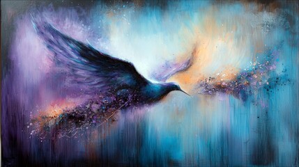 Fototapeta premium A vibrant painting of a hummingbird in flight against an abstract background with a mix of blue, purple, and orange colors.