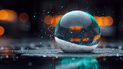 A close-up shot of a glass sphere with snow on a reflective surface, with bokeh lights in the background, creating a dark and moody atmosphere.