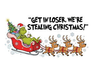 The grinch and max stealing christmas in a sleigh with reindeer