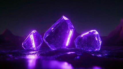 Three glowing purple crystals are resting on a dark, textured surface, with a dark background and purple lighting.