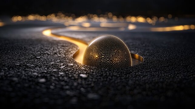 A glowing sphere emerges from a dark, textured landscape, with a golden path winding through the scene, creating a sense of mystery and wonder.