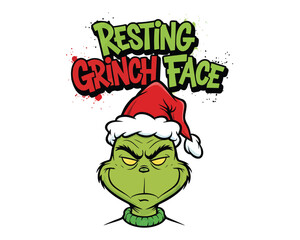 Grinch face wearing santa hat with resting grinch face text