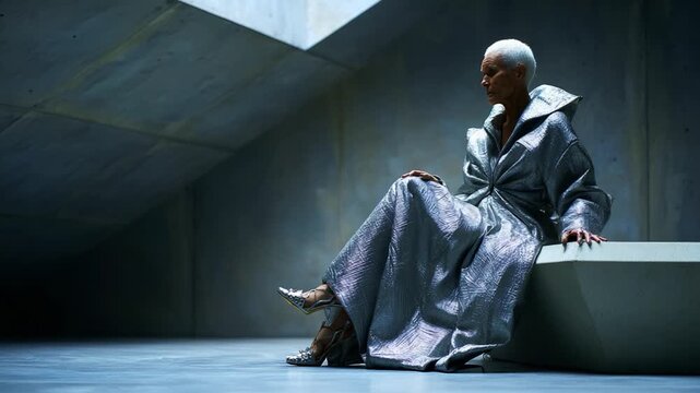 A striking portrayal of elegance and modernity features a poised figure in a shimmering silver gown, sitting gracefully in a contemporary architectural space bathed in soft light.