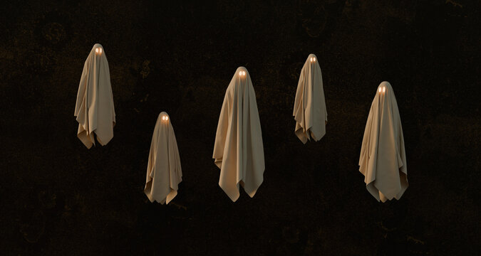 Five Ghostly Figures With Glowing Eyes Appear in a Dimly Lit Space