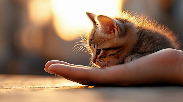 A small kitten rests gently on a person's hand, bathed in warm sunlight, creating a tender and peaceful scene.