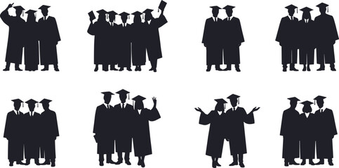 Silhouette group of graduation students celebrating academic success together in caps and gowns representing education achievement teamwork diversity unity ceremony milestone