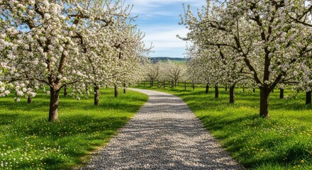 A scenic pathway winds through an orchard of blossoming trees under a bright blue sky.