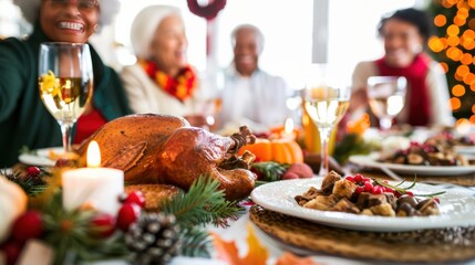 Joyful senior friends and family celebrating holiday dinner with a traditional roasted turkey feast