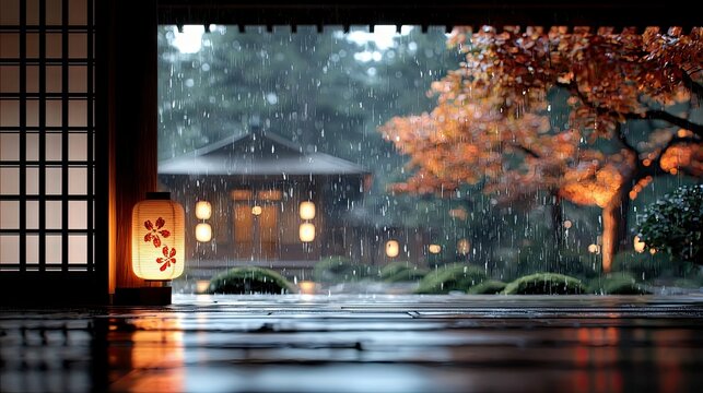 A traditional Japanese room with a lit lantern, looking out at a garden in the rain. Autumn colors and soft lighting create a peaceful atmosphere.