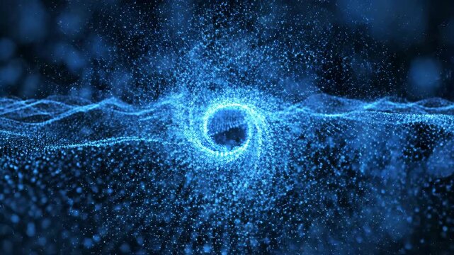 Seamless looping abstract background of vibrant blue particles flowing and converging across a dark digital space seamless looping, blue particles, deep blue