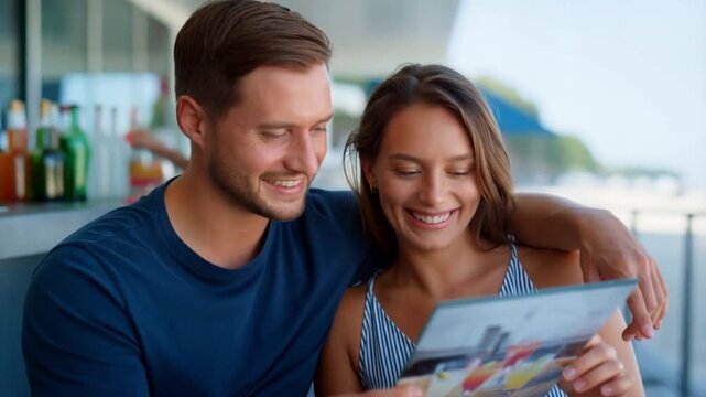 A caucasian couple sitting at a beach bar looking at a cocktail menu with the bartender in the blurred background. Social romantic leisure concept