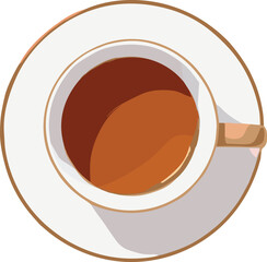 Top view illustration of a warm coffee cup on saucer, simple minimalist beverage artwork with clean white background for design use