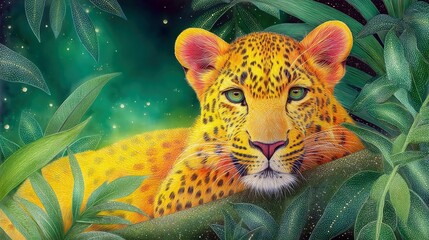 A vibrant illustration of a leopard resting amidst lush green foliage. The leopard's gaze is direct, creating a sense of calm and serenity.