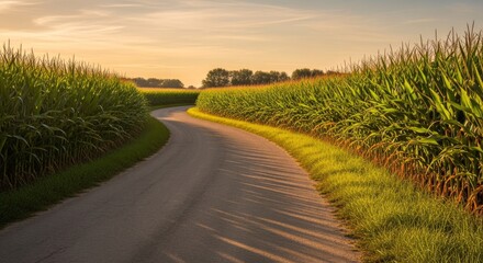 A winding road through a vibrant cornfield under a warm, golden sunset, creating a picturesque rural scene.