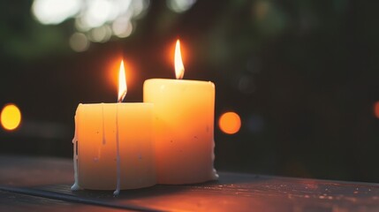 Two lit white candles casting a warm glow on a dark surface with blurred bokeh lights, creating a peaceful ambiance.