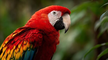 Obraz premium Bright colorful tropical red and green macaw parrots with blue feathers and a sharp beak