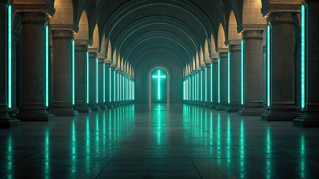 A futuristic hallway with glowing teal pillars and a cross at the end. The scene is lit with neon lights and has a reflective floor.