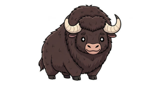 Cute fluffy cartoon yak on black background