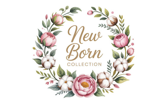 Elegant floral wreath with soft pink peonies and cotton for newborn collection design - Powered by Adobe