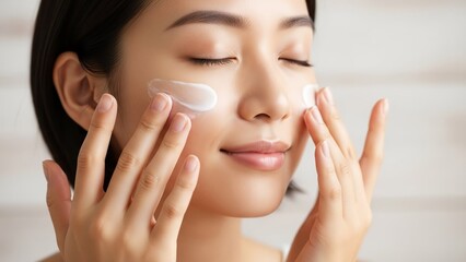 Skincare Routine A Woman Applying Cream for Hydrated and Radiant Skin with Closed Eyes