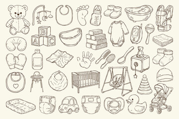 Fototapeta premium Hand Drawn Doodle Set of Baby and Nursery Care Essentials Clothing and Toys Collection
