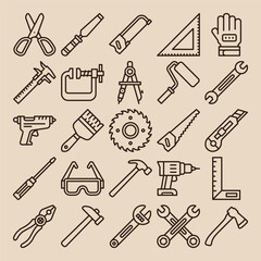 Line Icon Set of Construction, Carpentry, and DIY Hand Tools and Equipment
