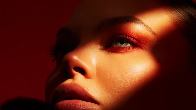 A captivating close-up of a model showcasing stunning makeup with bold red eyeshadow and luscious lips, beautifully illuminated by dramatic lighting against a rich backdrop.