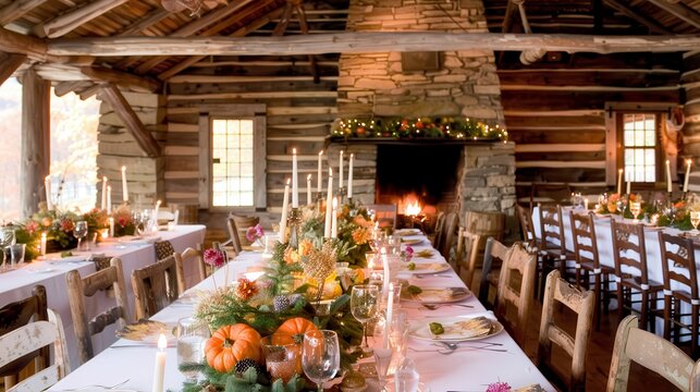 Rustic Log Cabin Dining Table Set for an Autumn Celebration with Cozy Fireplace and Fall Decor - Powered by Adobe