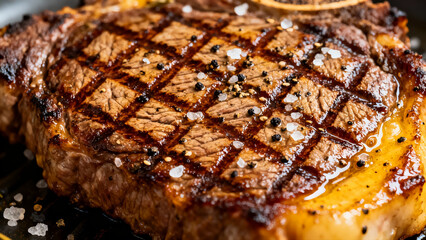Grilled steak meat texture with grill marks close up
