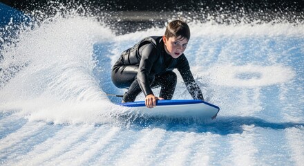 Naklejka premium Young boy in a wetsuit surfing on a wave machine, enjoying the sport.