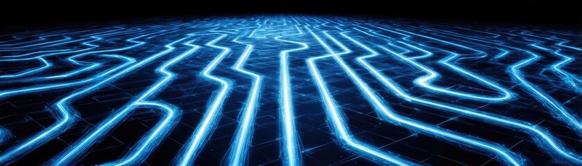 3D blueprint of HVAC network design concept. Futuristic circuit board design with glowing blue lines.